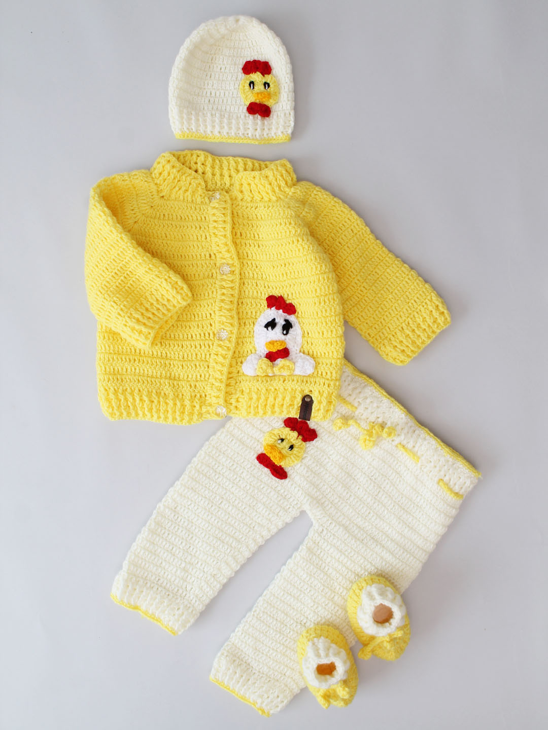 Crochet Chicken Applique Sweater with Matching Pants - Cream