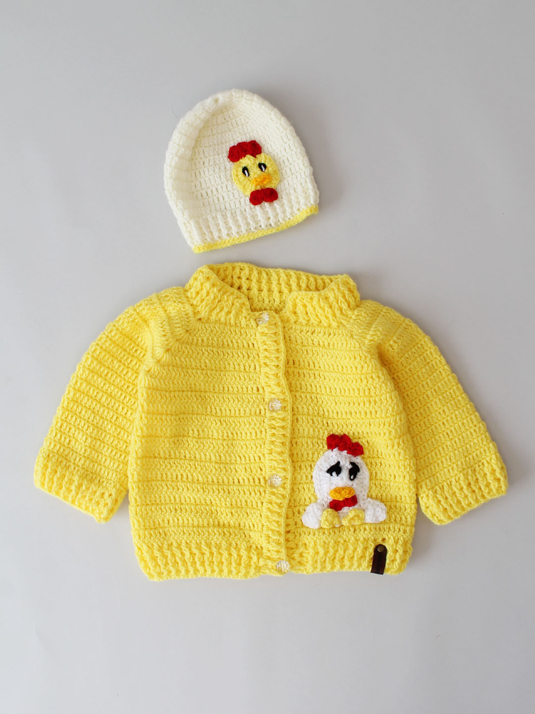 Crochet Chicken Applique Sweater with Matching Pants - Cream