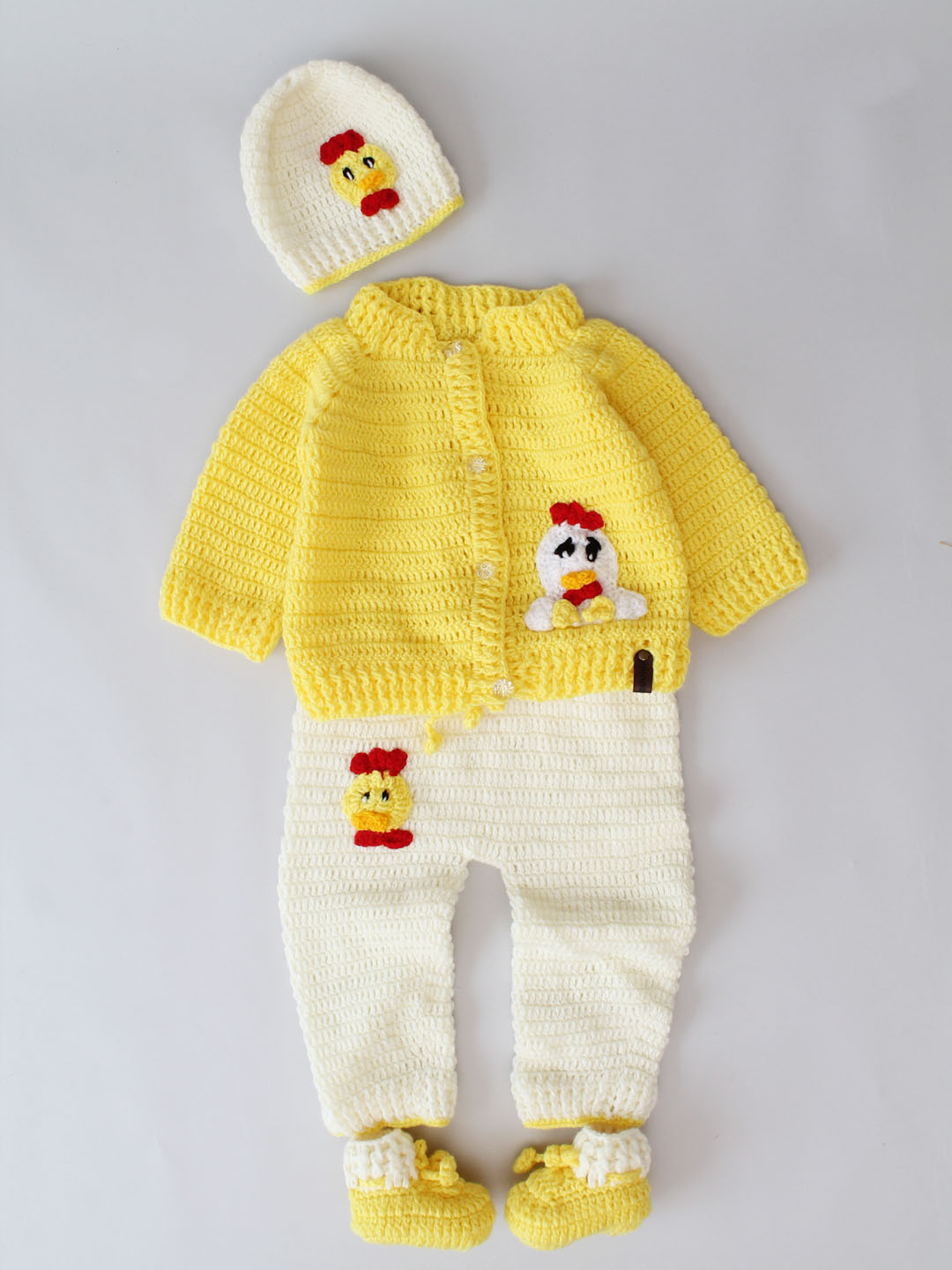 Crochet Chicken Applique Sweater with Matching Pants - Cream