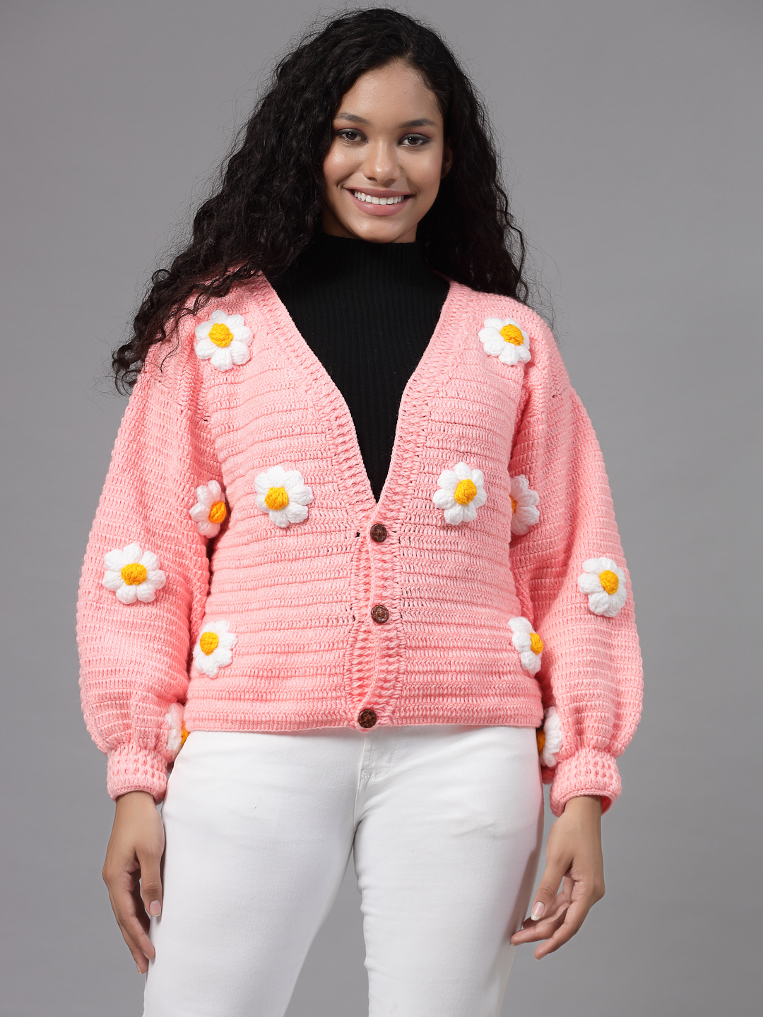 Crochet Daisy Cardigan for Women Peach