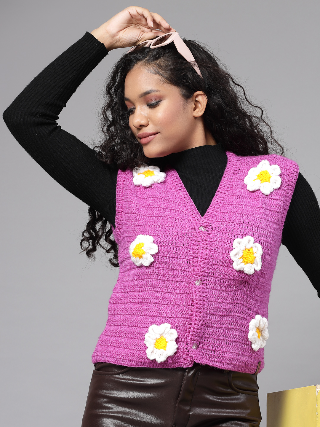 Crochet Daisy Sleeveless Cardigan for Women Purple