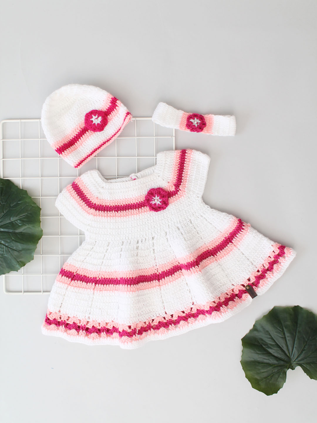 Crochet Fairy Frock with Cap and Hairband - White