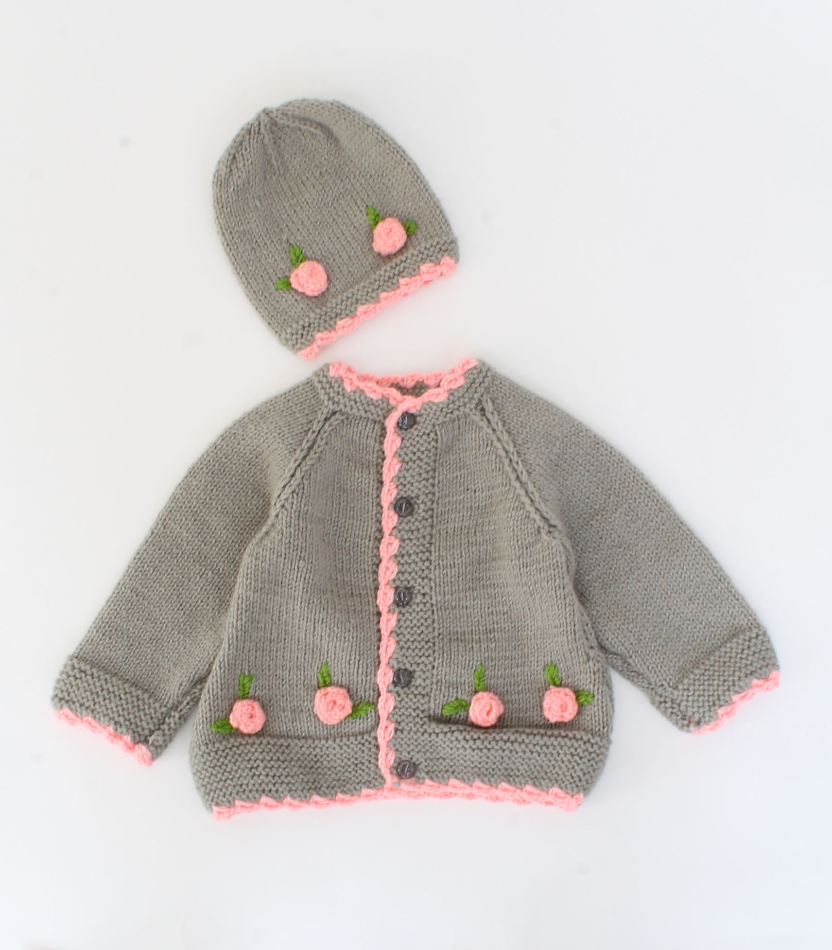 Crochet Floral Embroidered Sweater With Cap - Grey