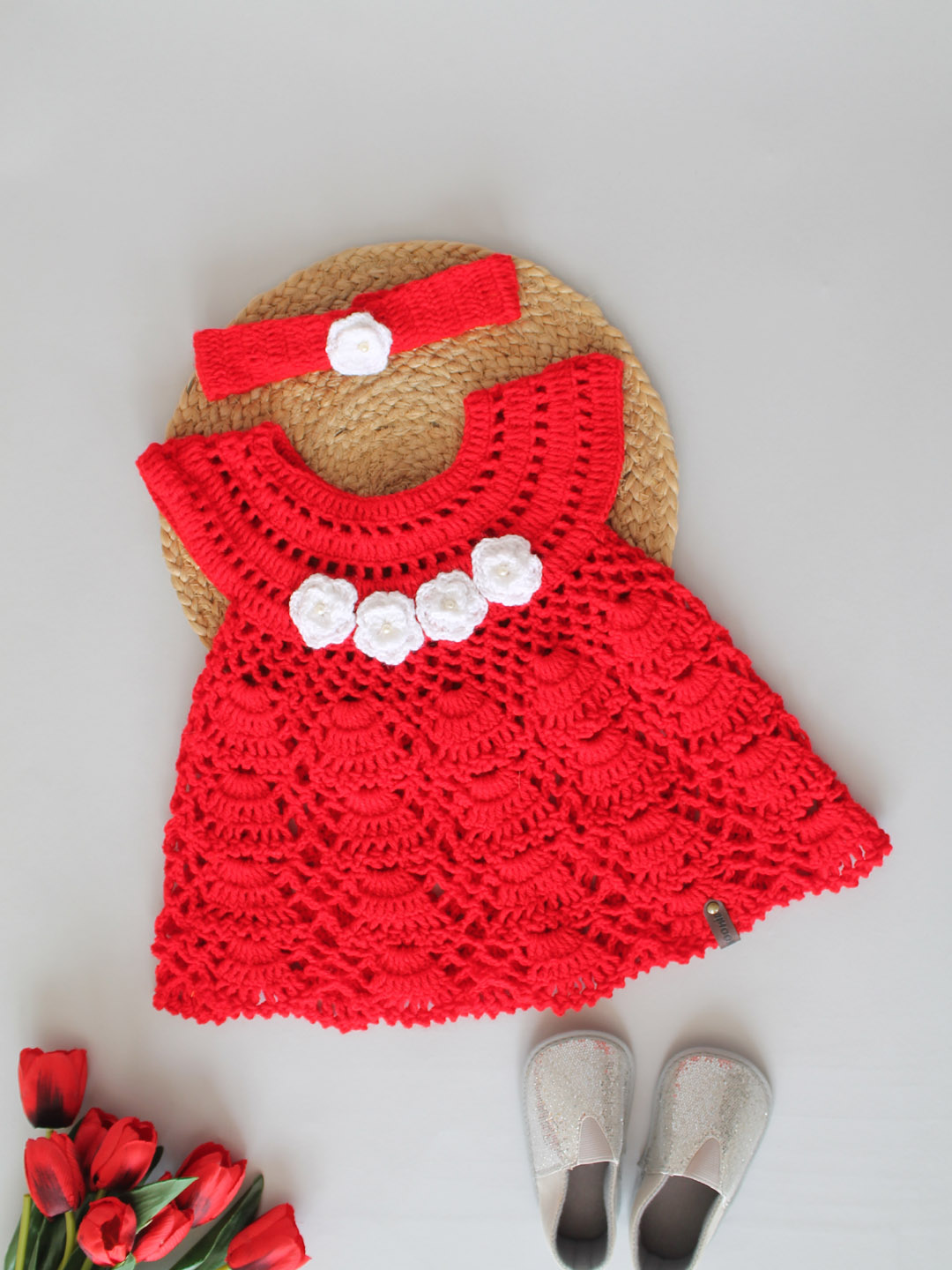 Crochet Floral Frock for Newborn with Headband - Red