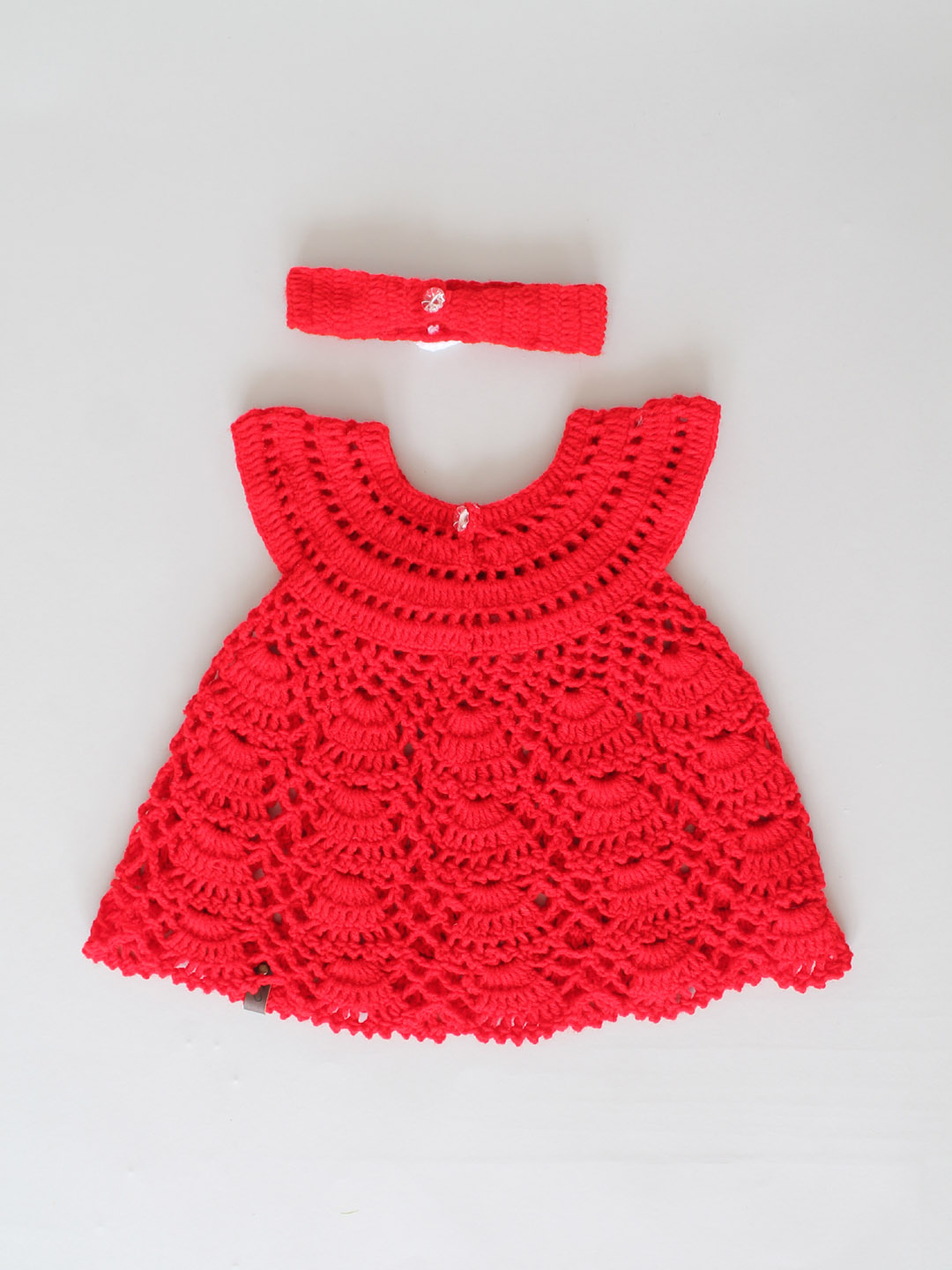 Crochet Floral Frock for Newborn with Headband - Red