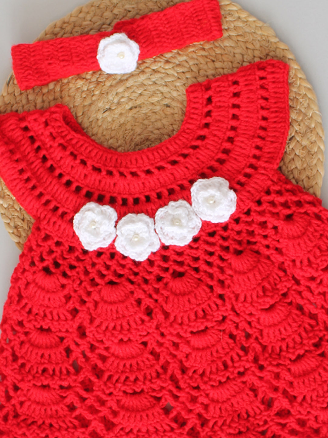 Crochet Floral Frock for Newborn with Headband - Red