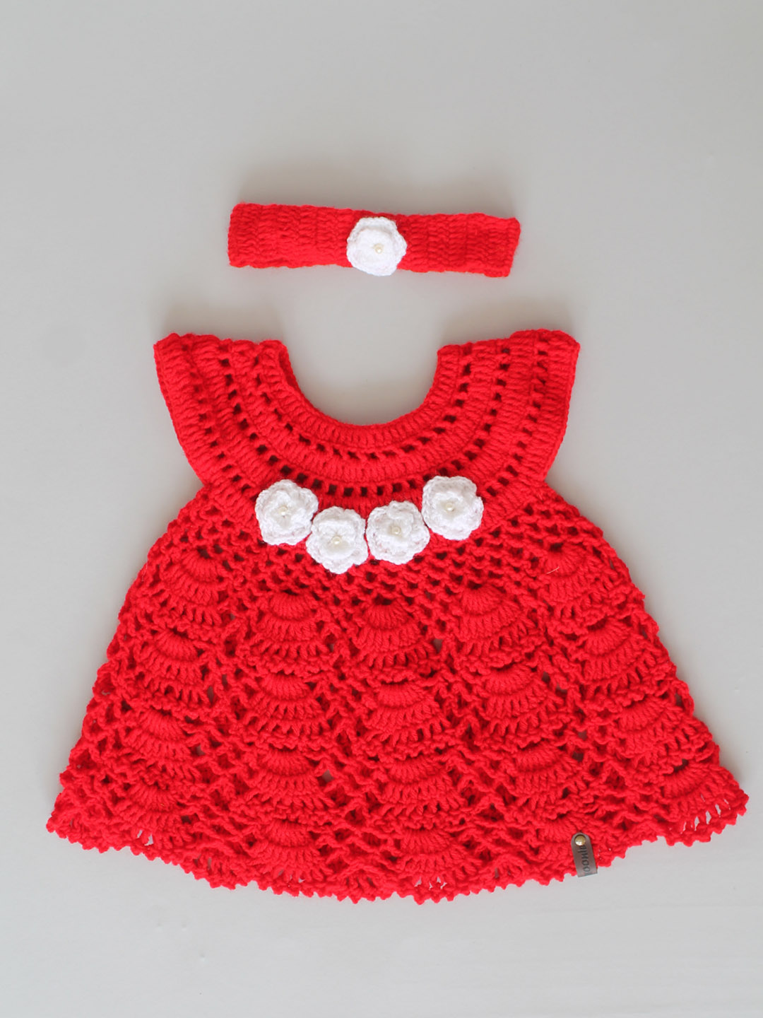 Crochet Floral Frock for Newborn with Headband - Red