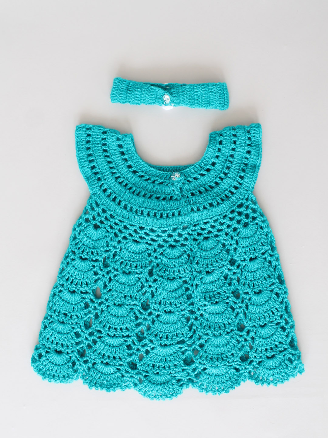 Crochet Floral Frock for Newborn with Headband - Sea Green