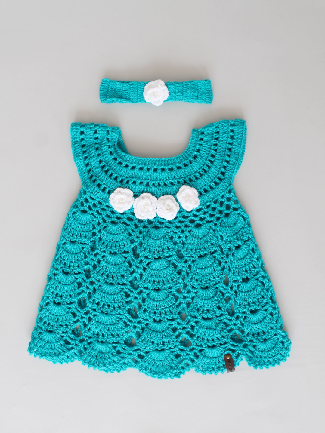 Crochet Floral Frock for Newborn with Headband - Sea Green
