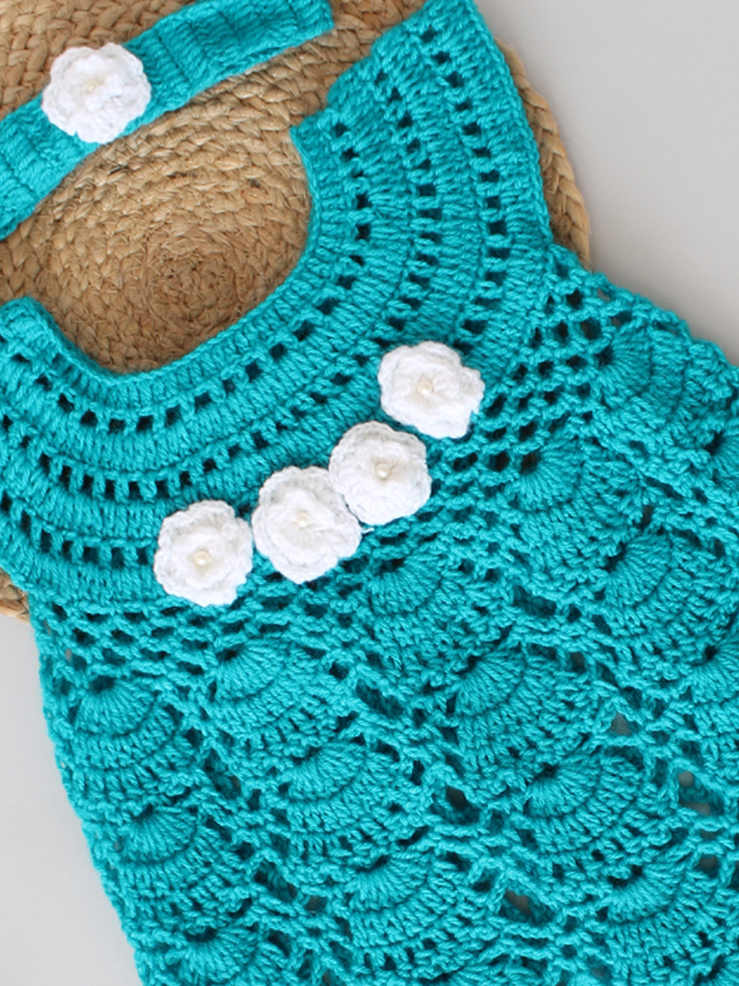 Crochet Floral Frock for Newborn with Headband - Sea Green