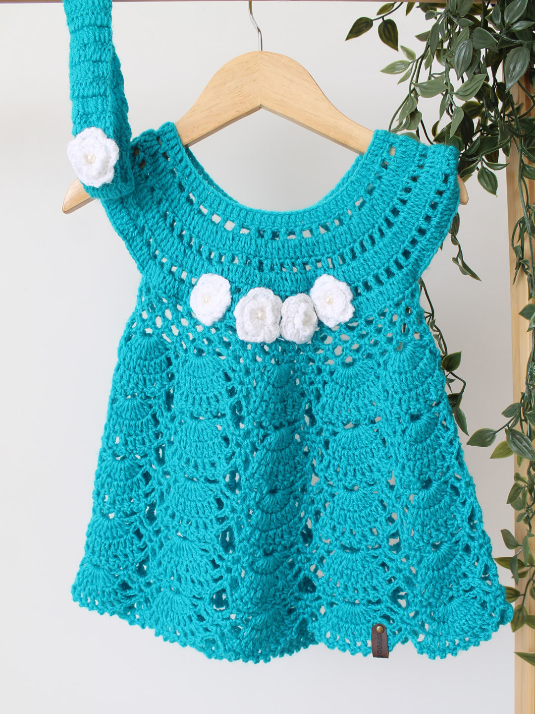 Crochet Floral Frock for Newborn with Headband - Sea Green