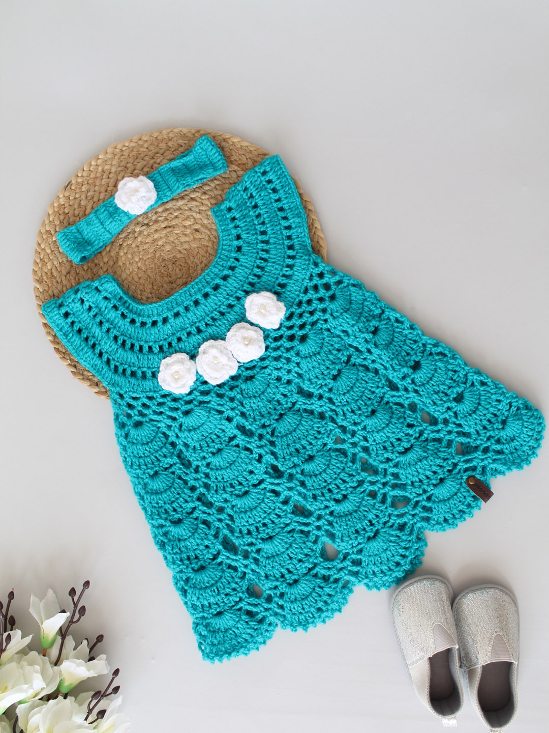 Crochet Floral Frock for Newborn with Headband - Sea Green