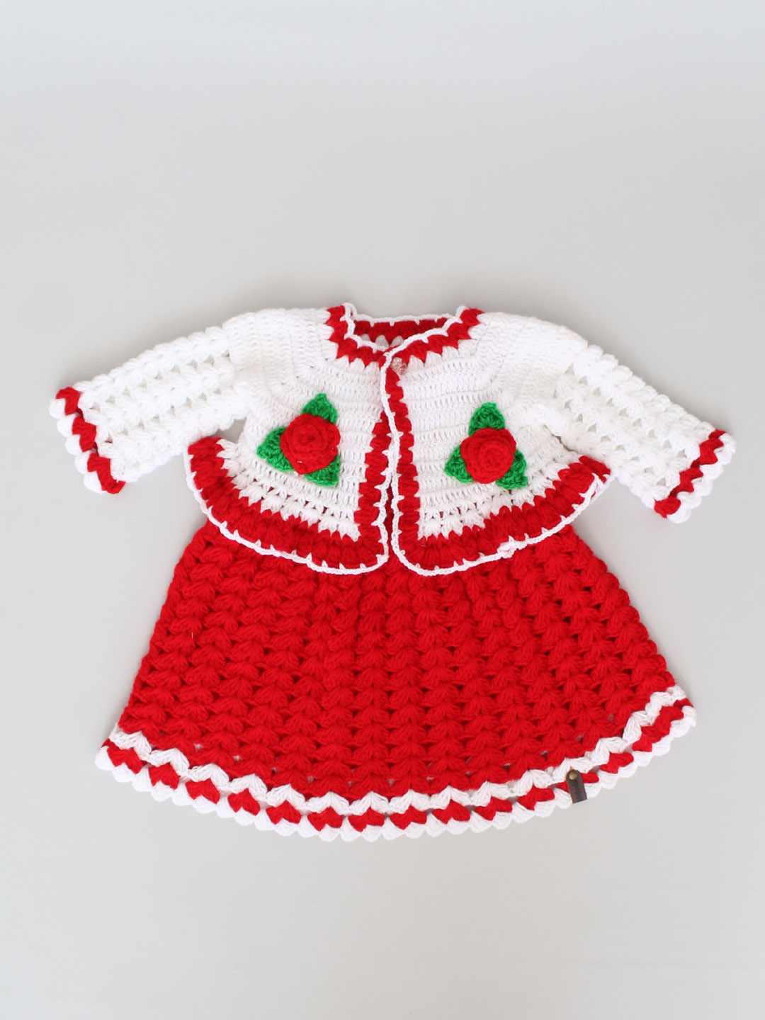 Crochet Floral Frock with Shrug and Cap - Red