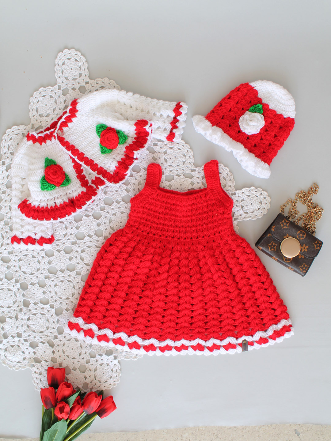 Crochet Floral Frock with Shrug and Cap - Red