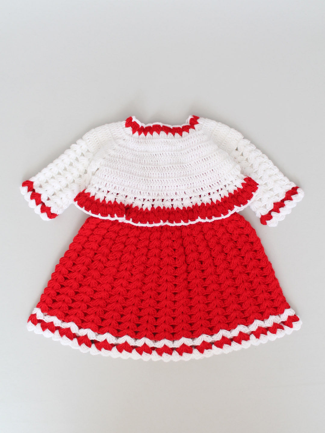 Crochet Floral Frock with Shrug and Cap - Red