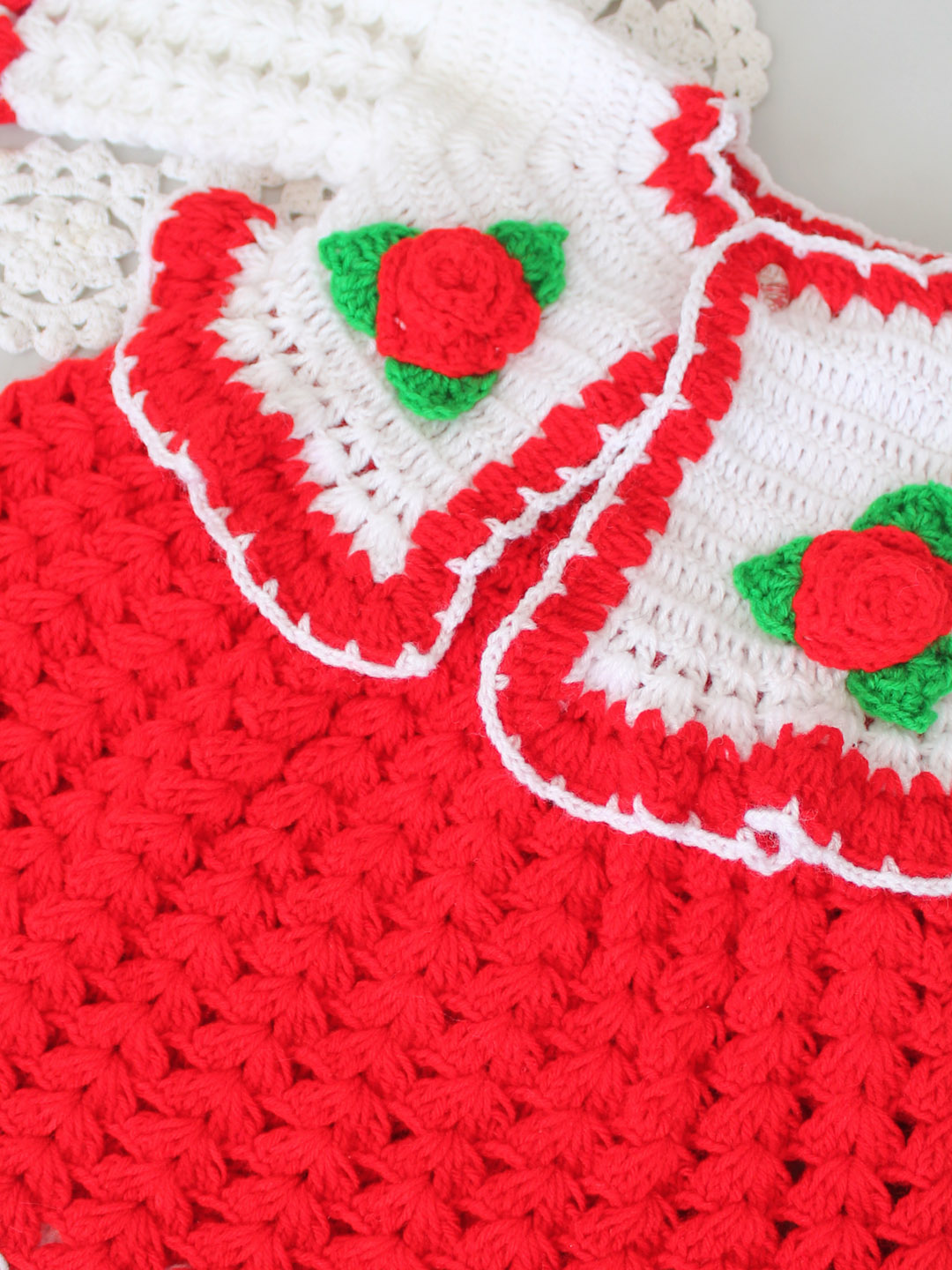 Crochet Floral Frock with Shrug and Cap - Red