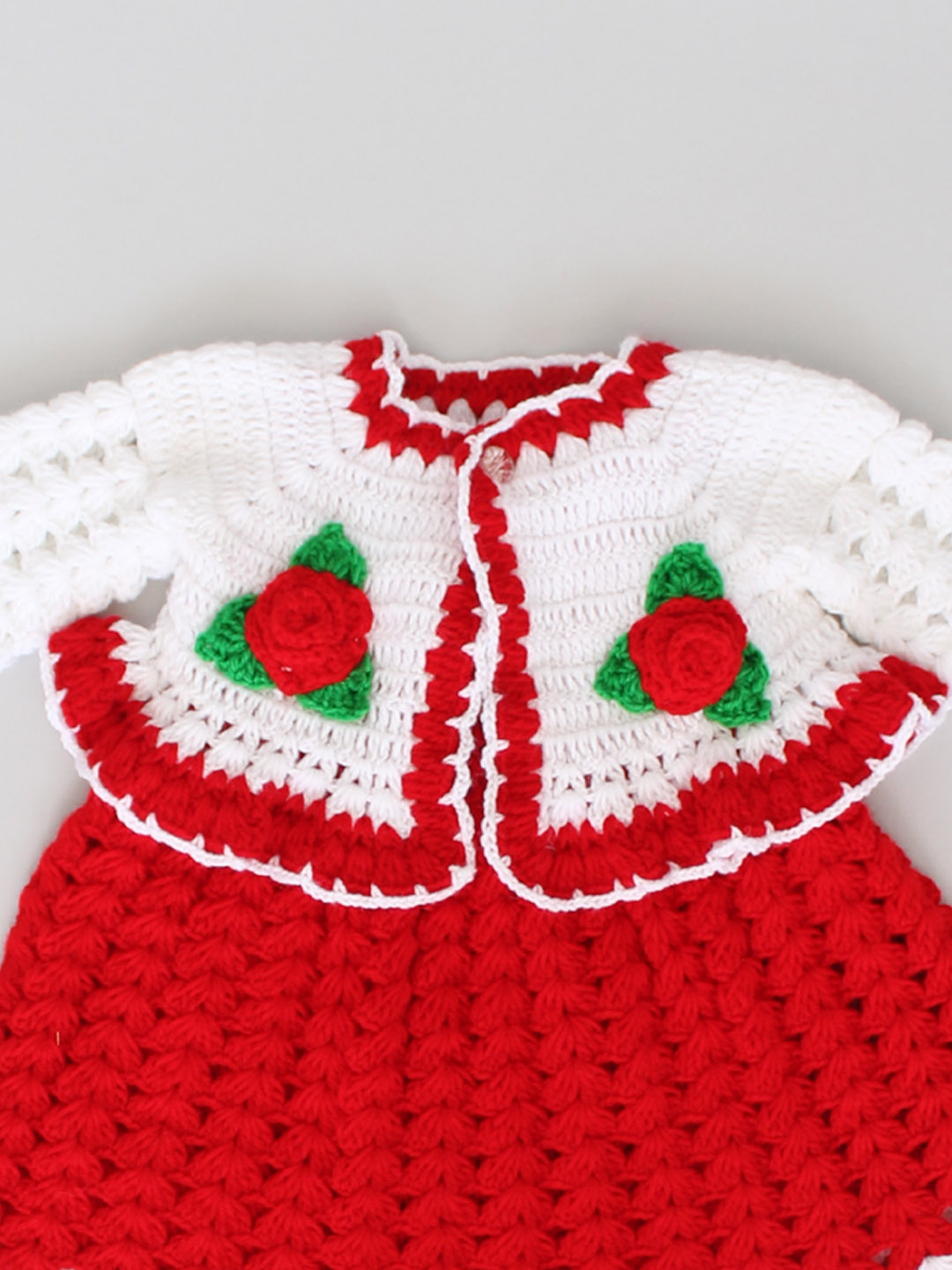 Crochet Floral Frock with Shrug and Cap - Red