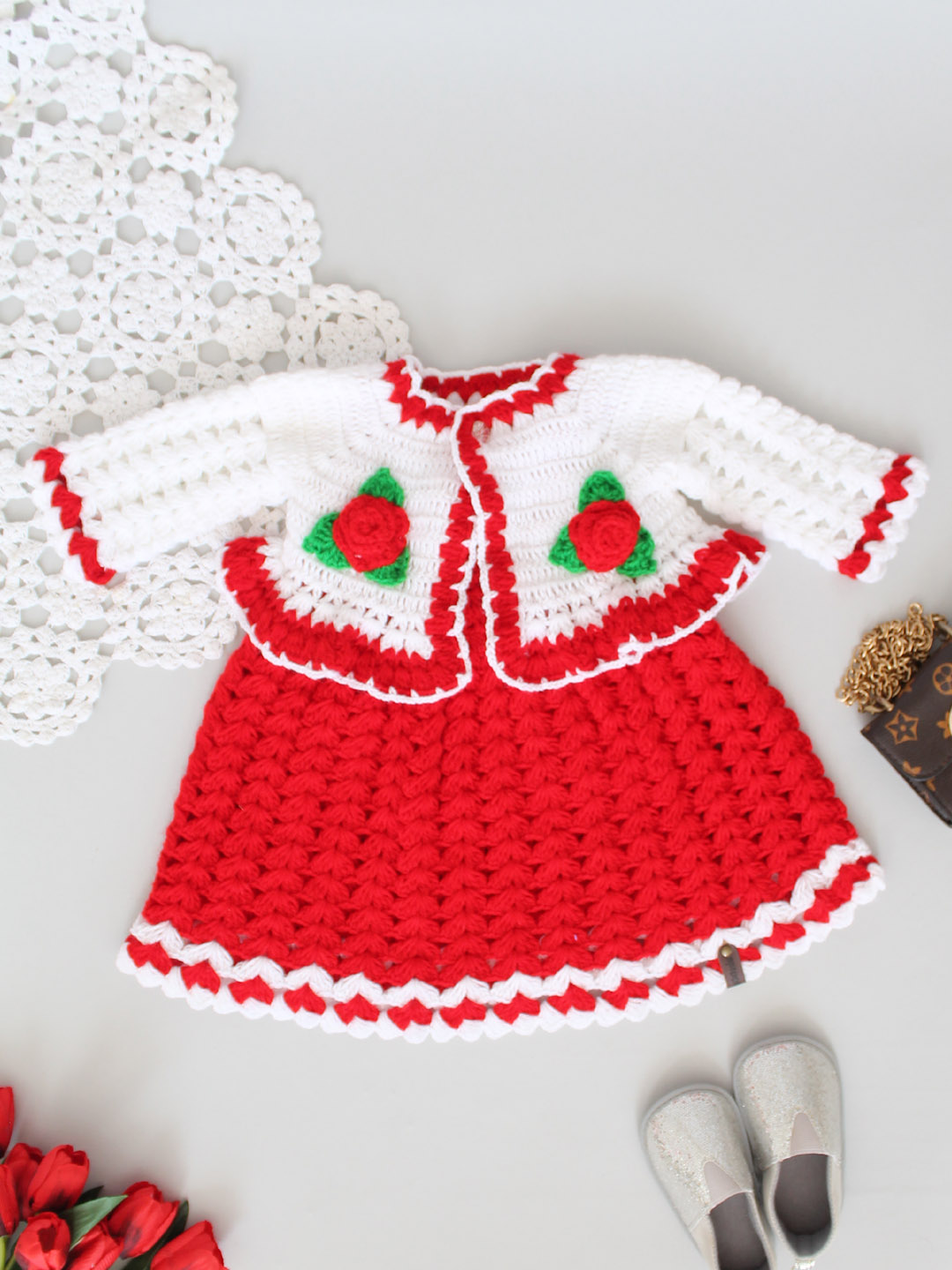 Crochet Floral Frock with Shrug and Cap - Red
