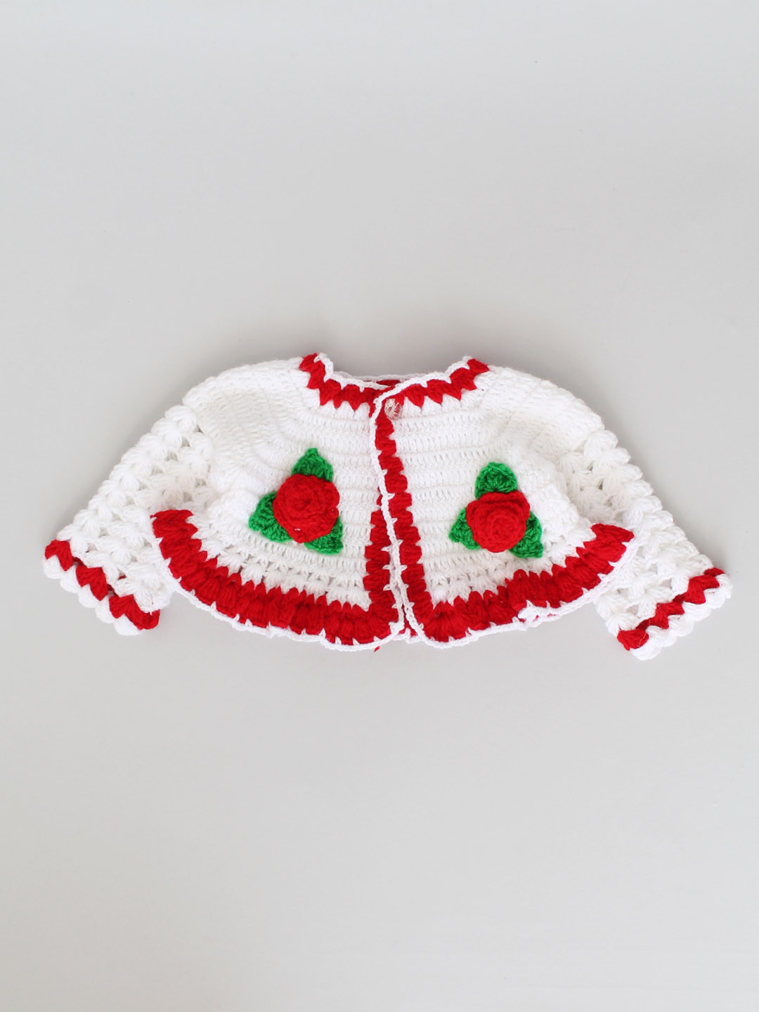 Crochet Floral Frock with Shrug and Cap - Red