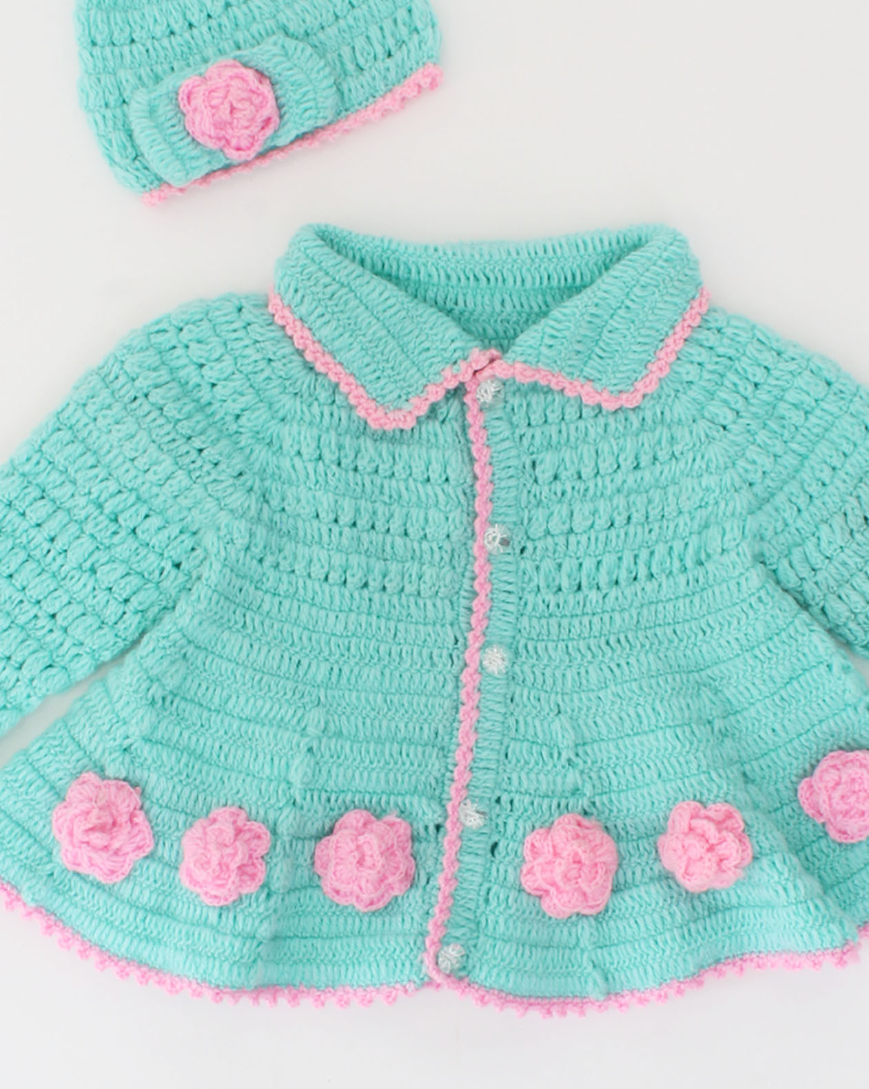 Crochet Flower Applique Sweater With Cap For Girls - Turquoise