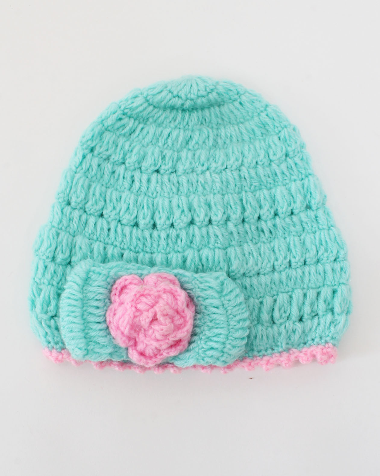 Crochet Flower Applique Sweater With Cap For Girls - Turquoise
