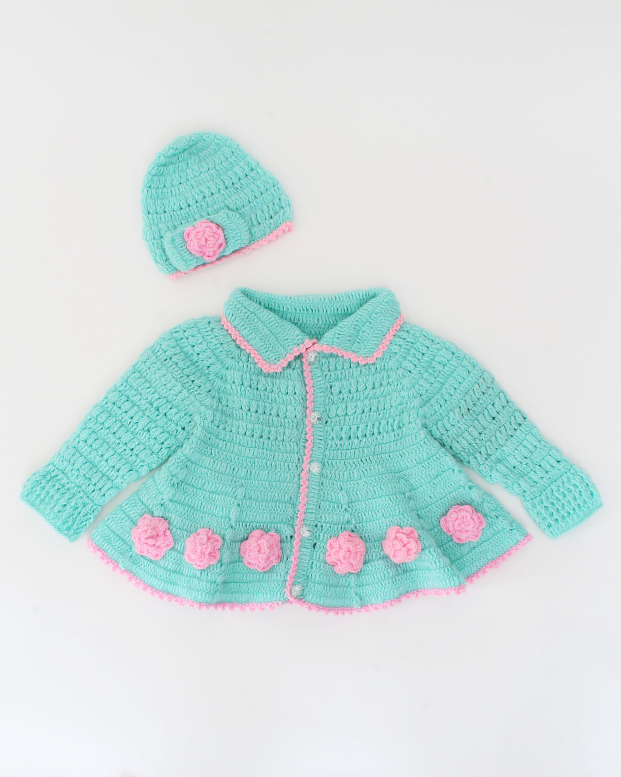 Crochet Flower Applique Sweater With Cap For Girls - Turquoise