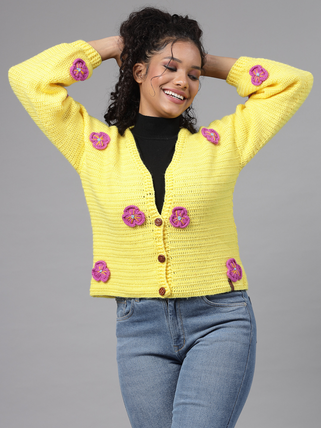 Crochet Flower Petals Crop Sweater for Women - Yellow