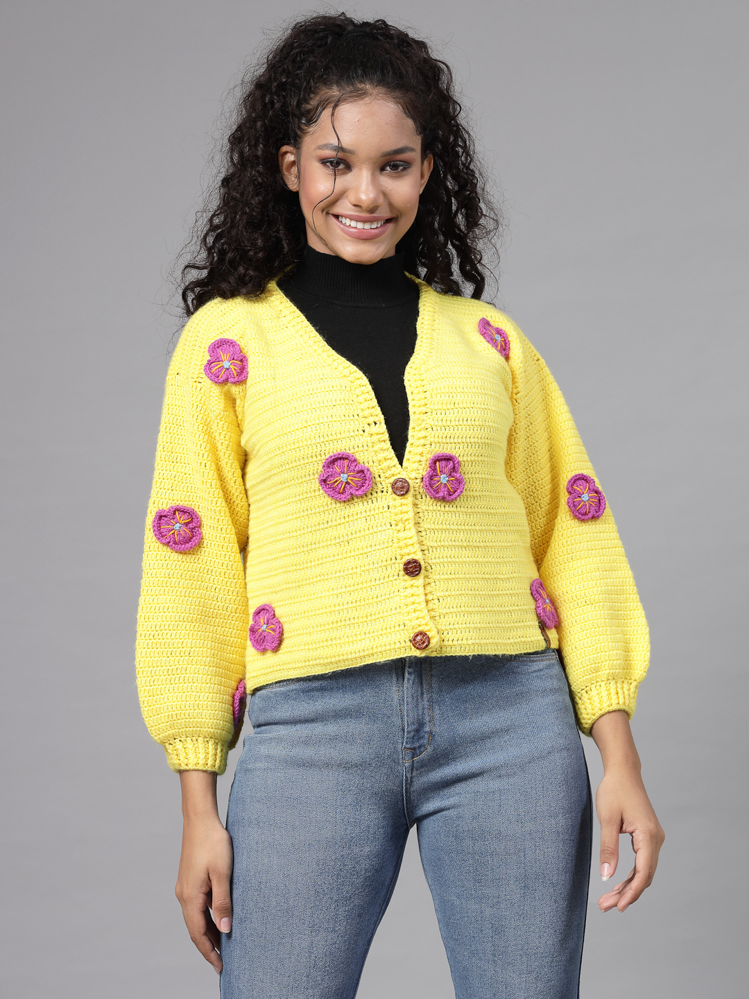 Crochet Flower Petals Crop Sweater for Women - Yellow