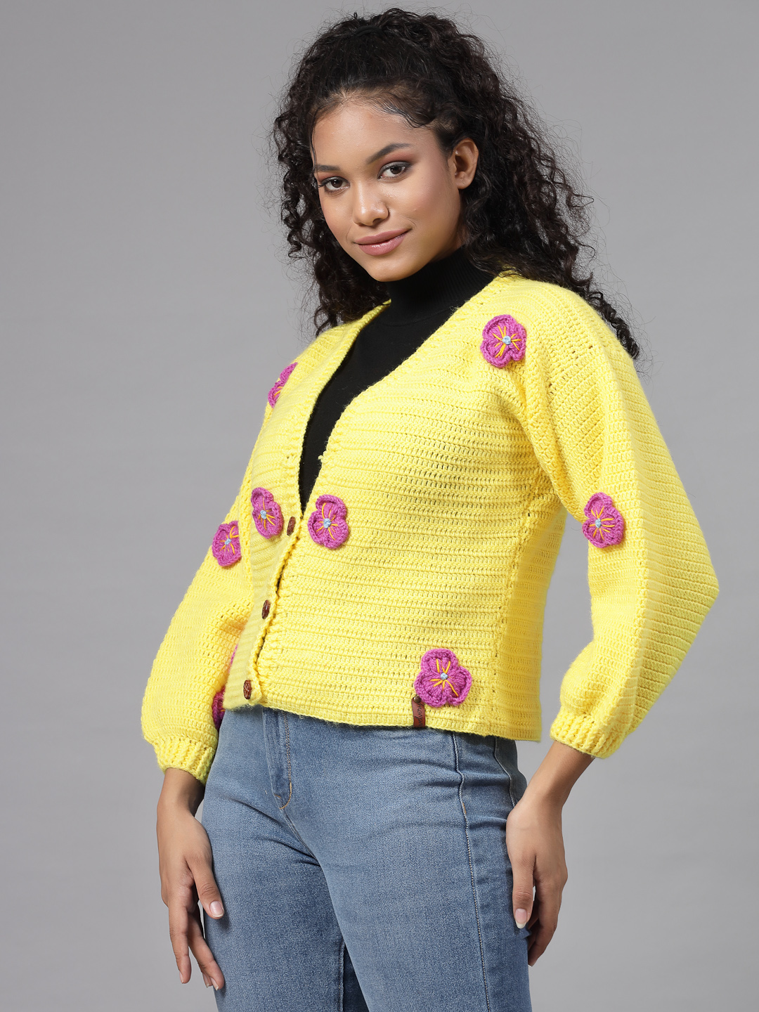 Crochet Flower Petals Crop Sweater for Women - Yellow