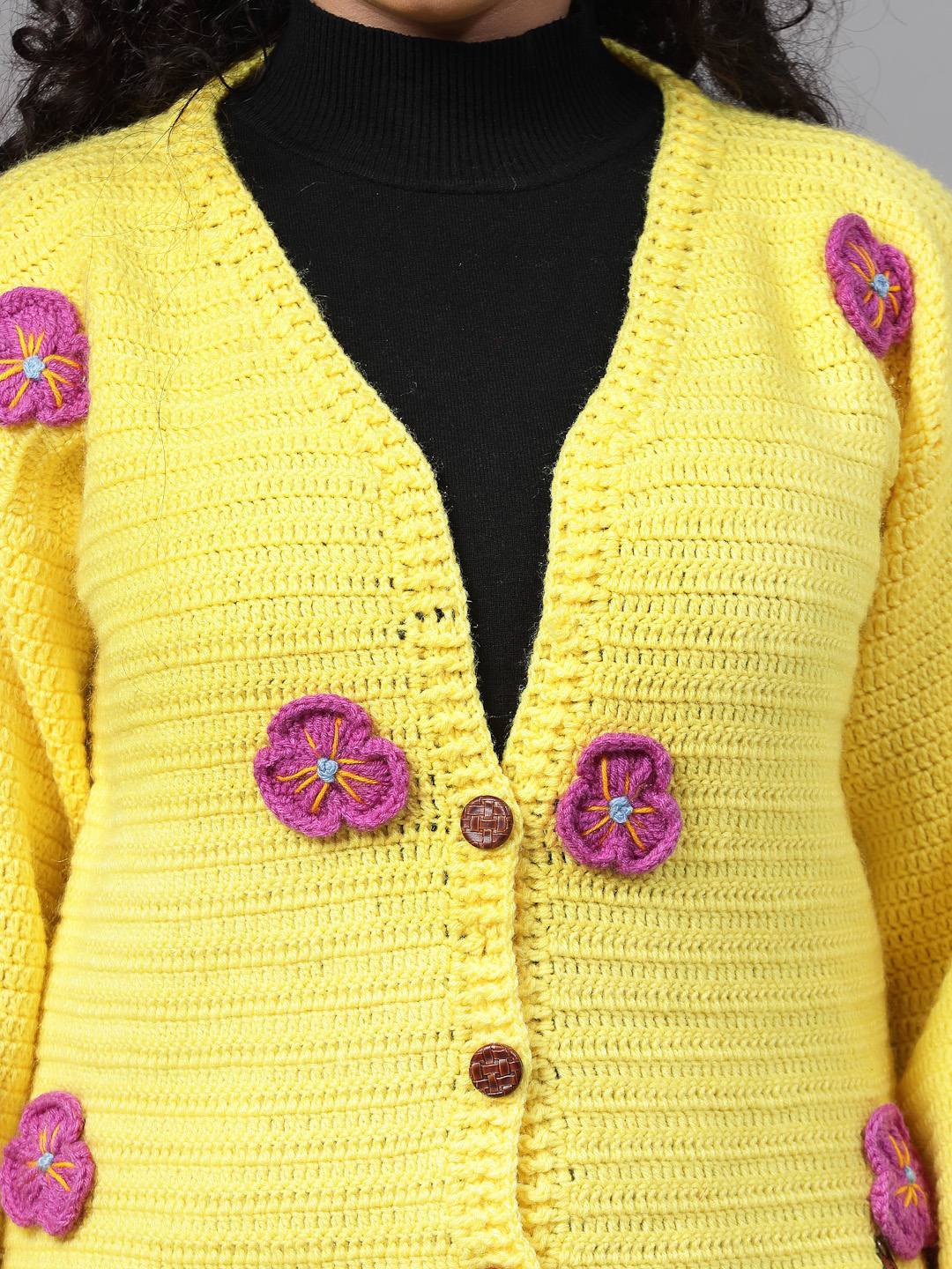 Crochet Flower Petals Crop Sweater for Women - Yellow