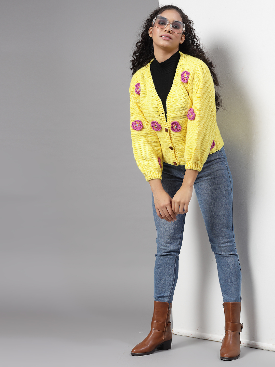 Crochet Flower Petals Crop Sweater for Women - Yellow