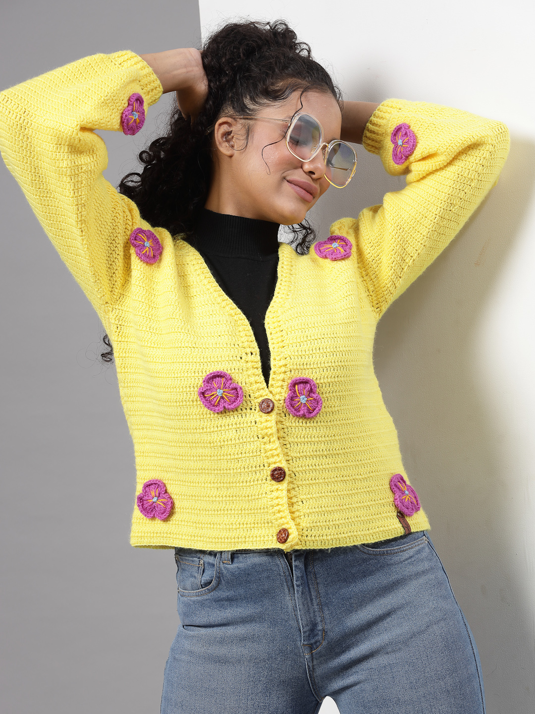 Crochet Flower Petals Crop Sweater for Women - Yellow