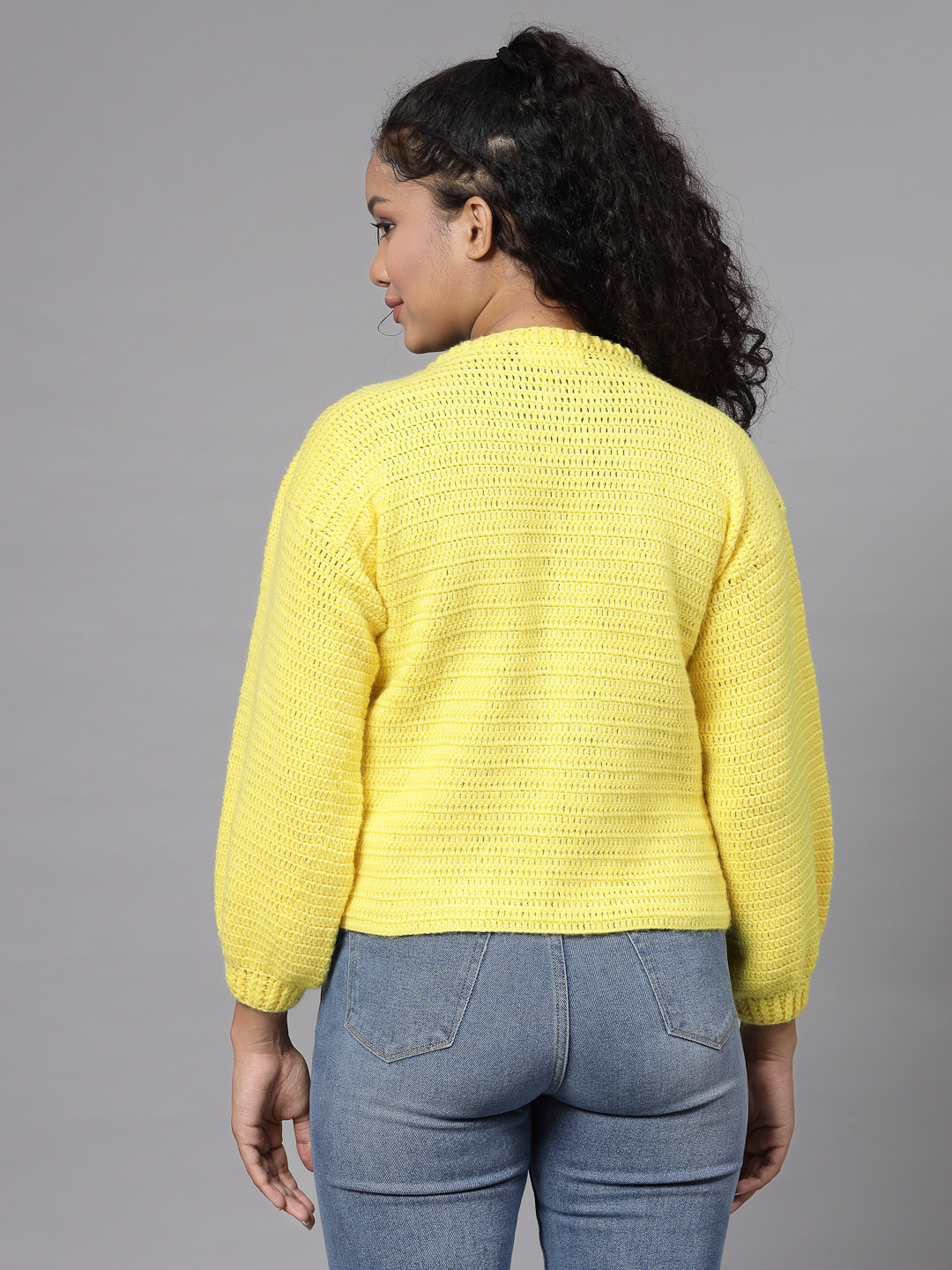 Crochet Flower Petals Crop Sweater for Women - Yellow