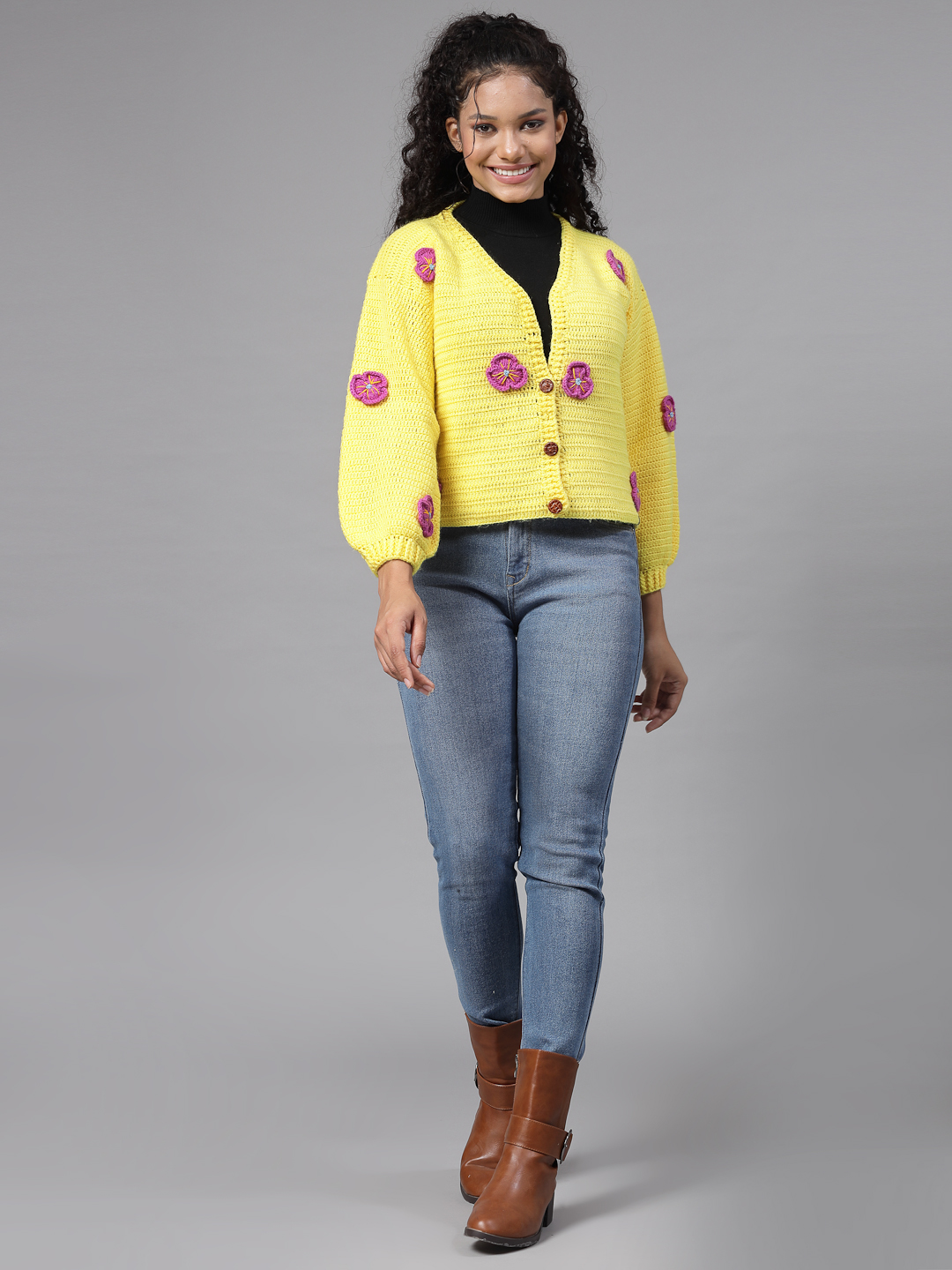 Crochet Flower Petals Crop Sweater for Women - Yellow