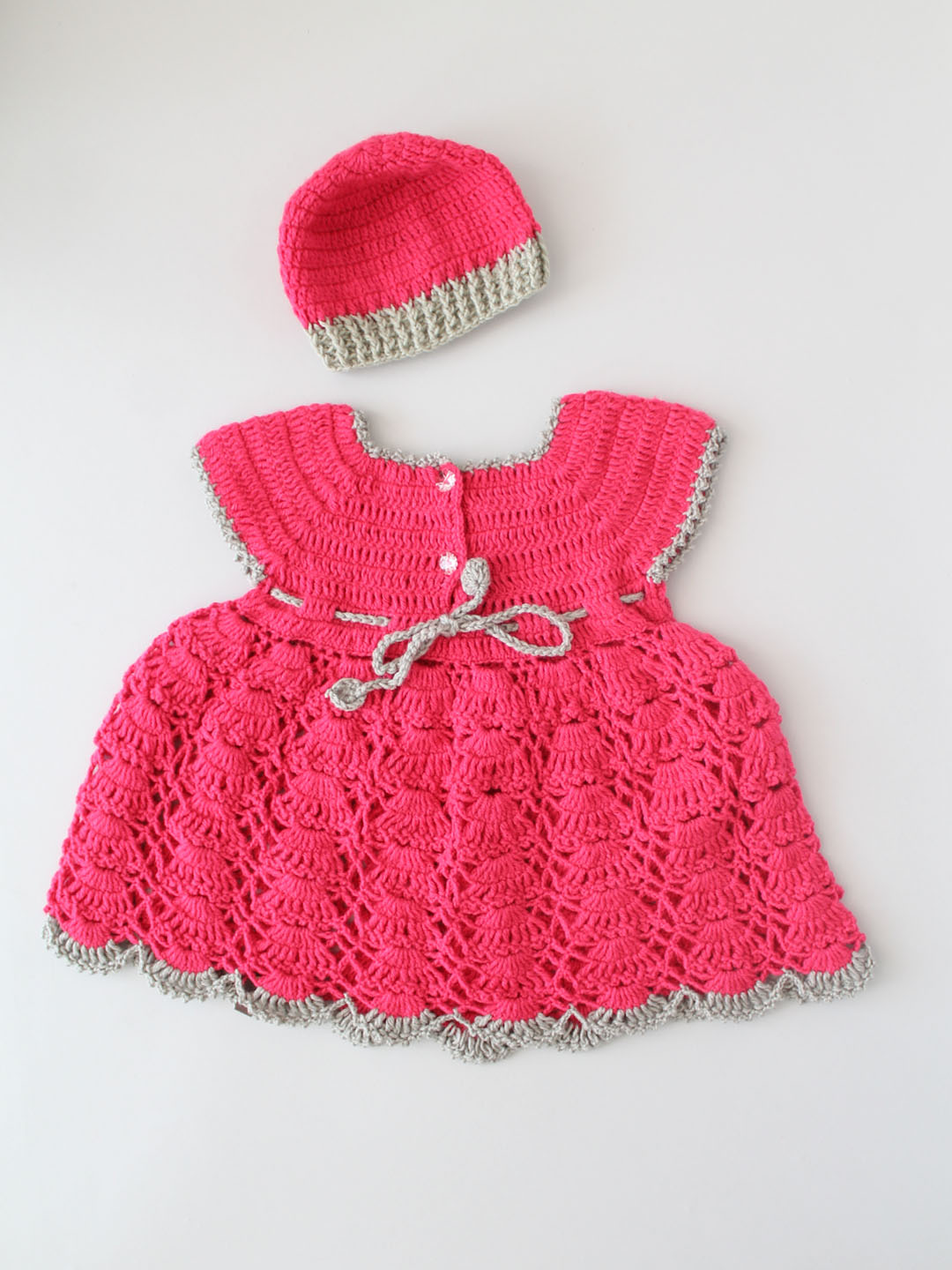 Crochet Frock with Cap for Newborn - Dark Pink