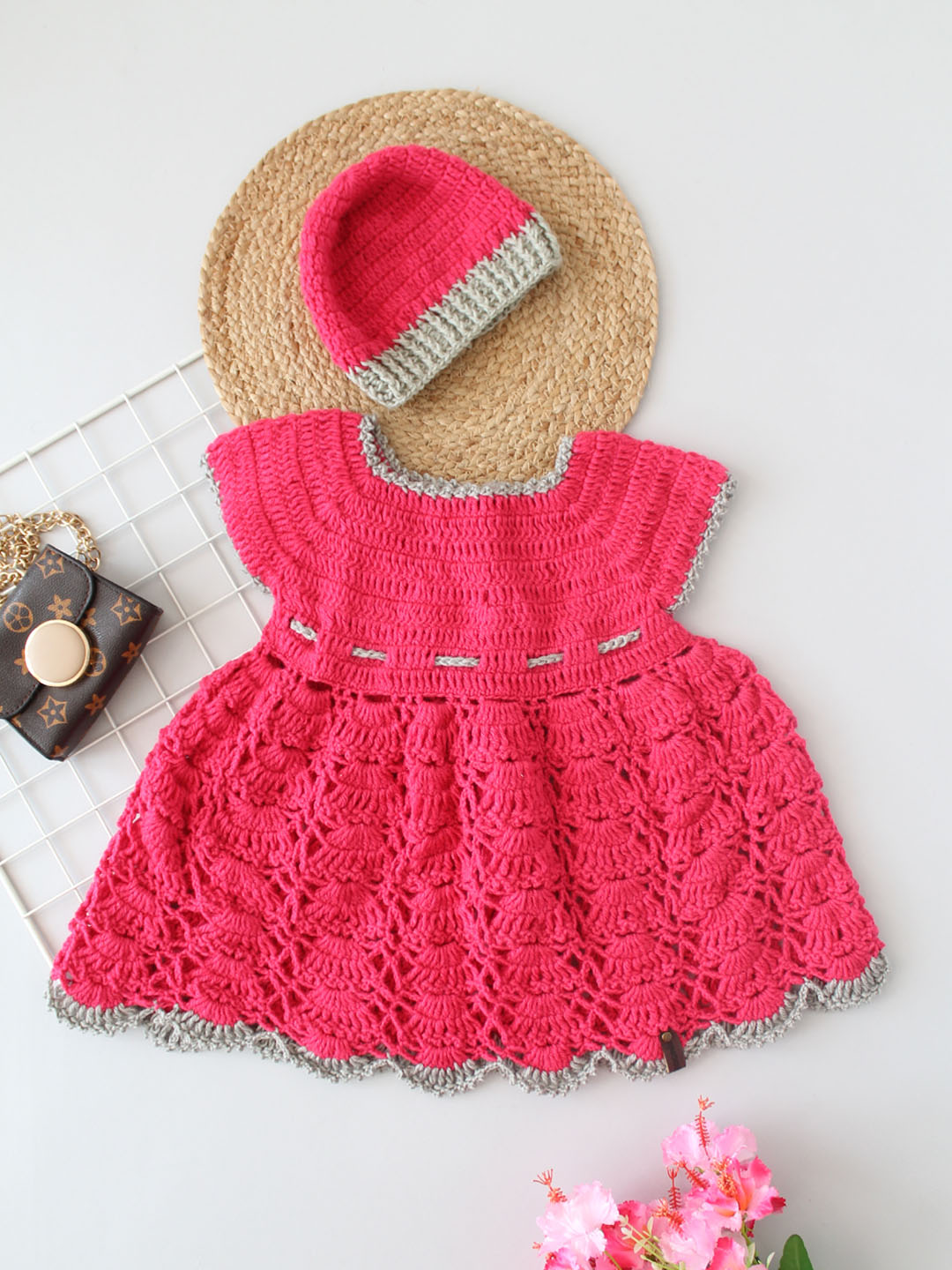 Crochet Frock with Cap for Newborn - Dark Pink