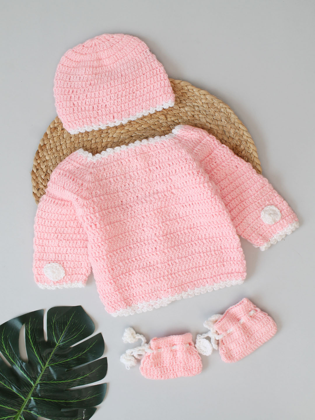 Crochet Front Openable Sweater Set for Infants - Baby Pink