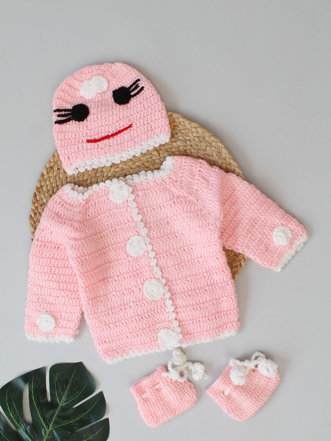 Crochet Front Openable Sweater Set for Infants - Baby Pink