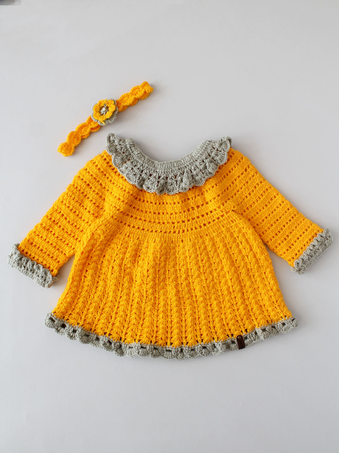 Crochet Full Sleeve Frock with Hairband - Bright Yellow