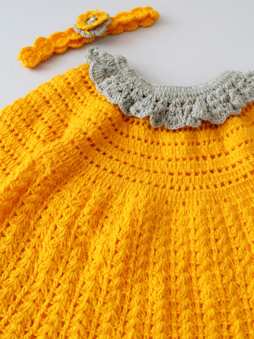 Crochet Full Sleeve Frock with Hairband - Bright Yellow