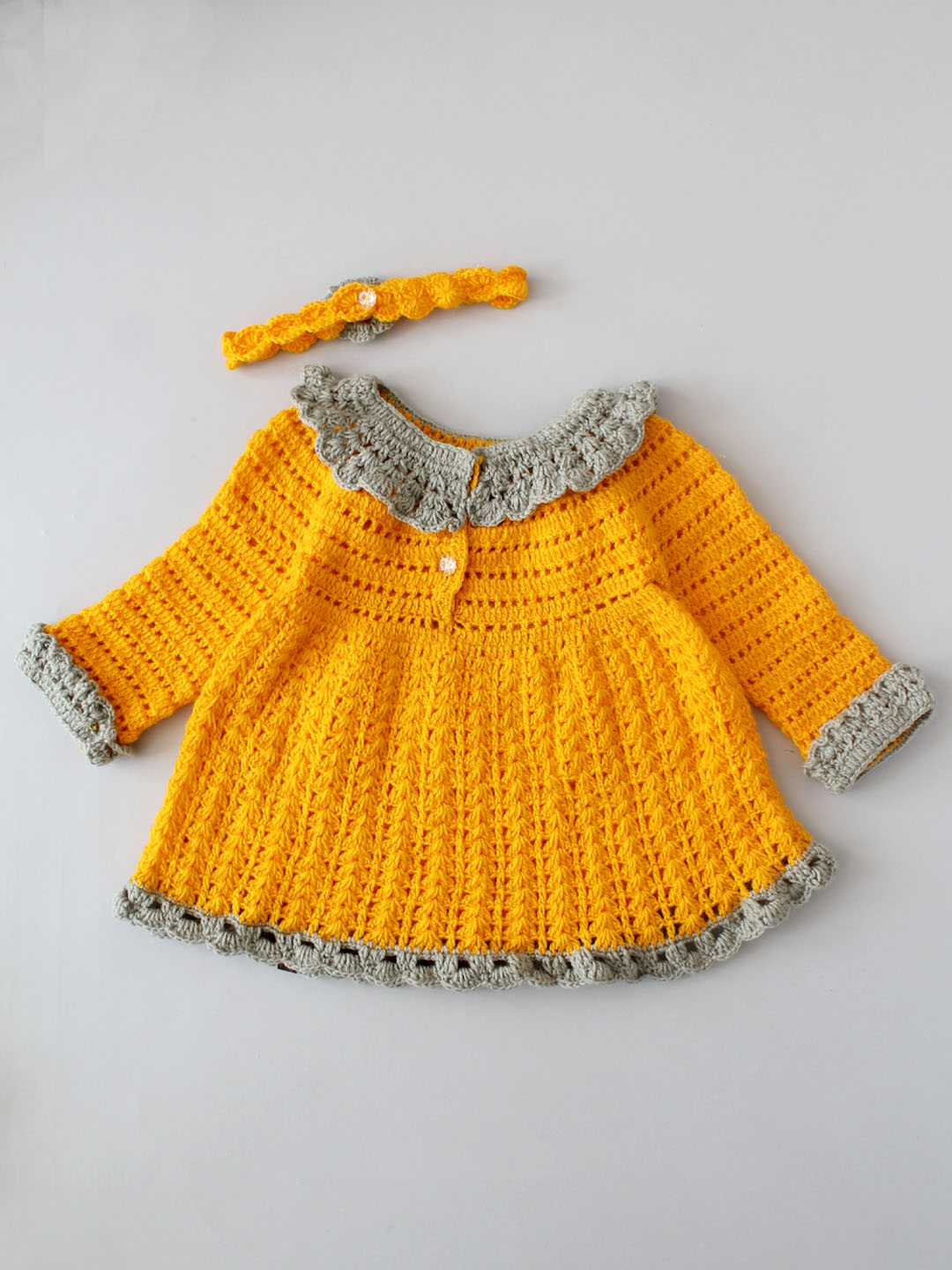 Crochet Full Sleeve Frock with Hairband - Bright Yellow