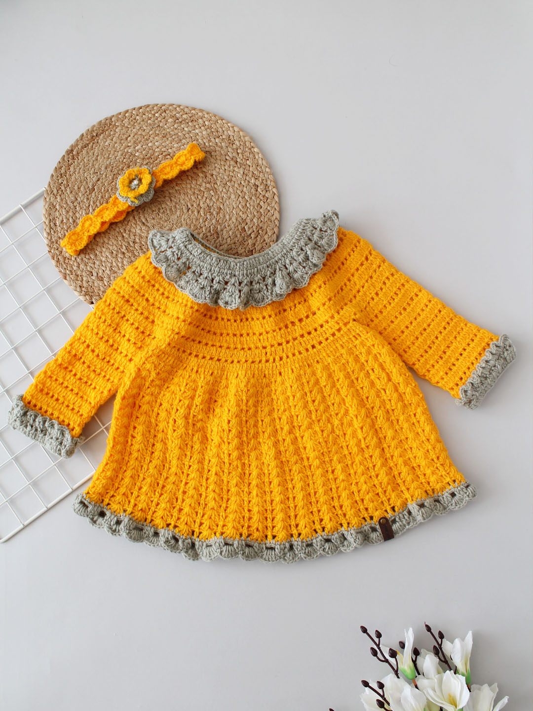 Crochet Full Sleeve Frock with Hairband - Bright Yellow