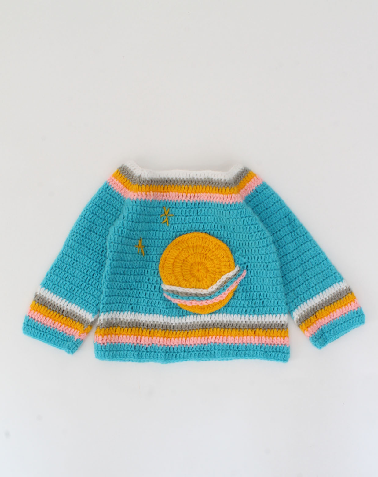 Crochet Full Sleeve Planets Design Sweater For Kids - Sky Blue