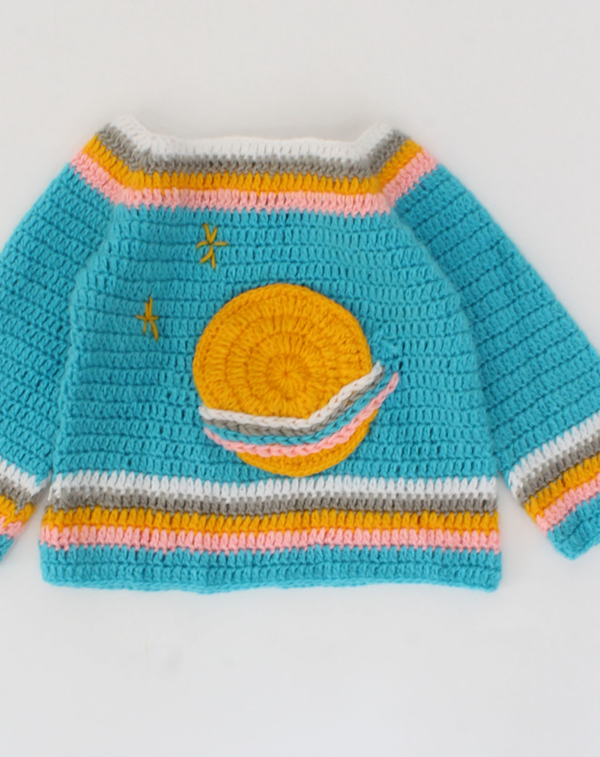 Crochet Full Sleeve Planets Design Sweater For Kids - Sky Blue