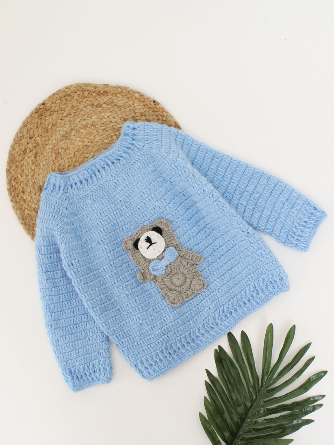 Crochet Full Sleeves Bear Detailing Sweater For Kids- Light Blue