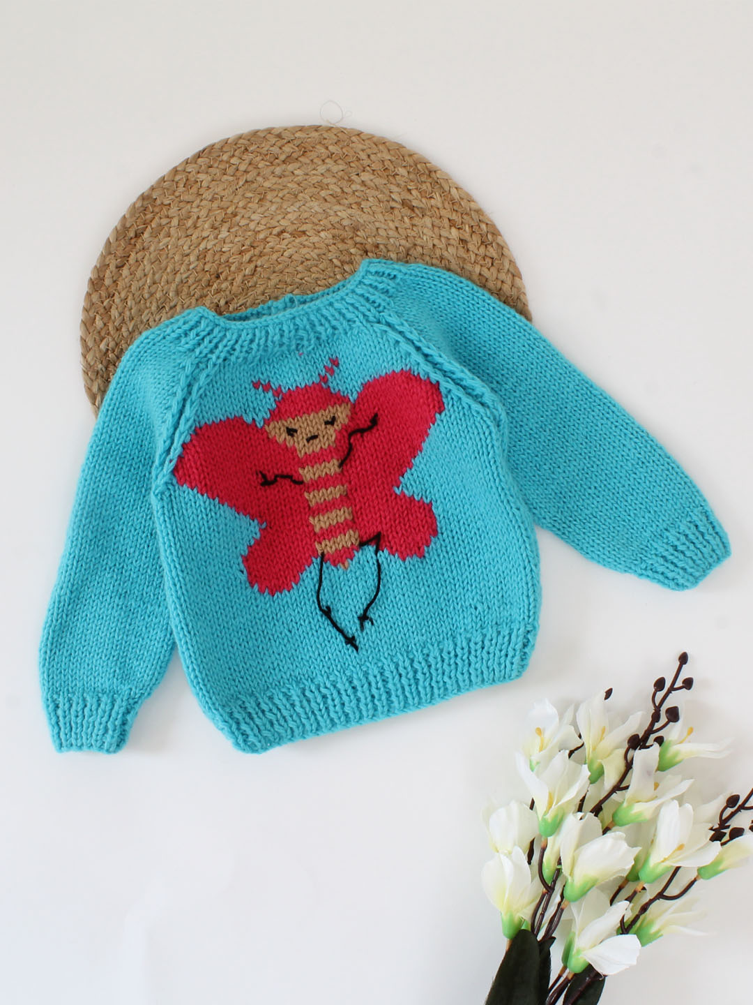 Crochet Full Sleeves Butterfly Detailing Sweater For Kids - Blue