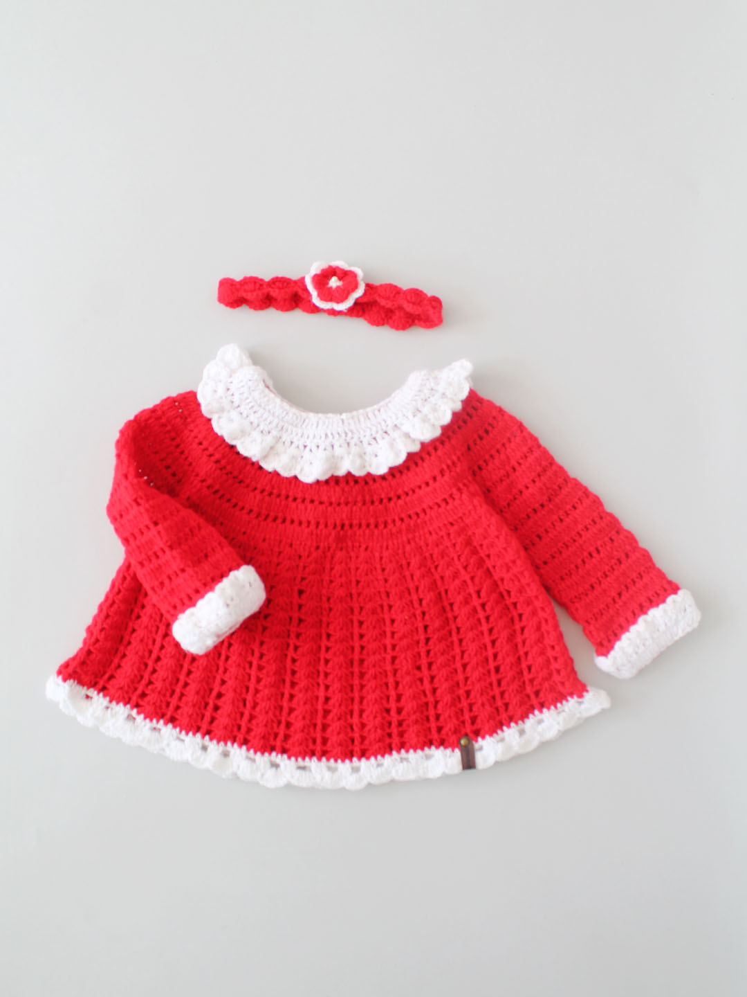 Crochet Full Sleeves Christmas Frock with Hairband - Red