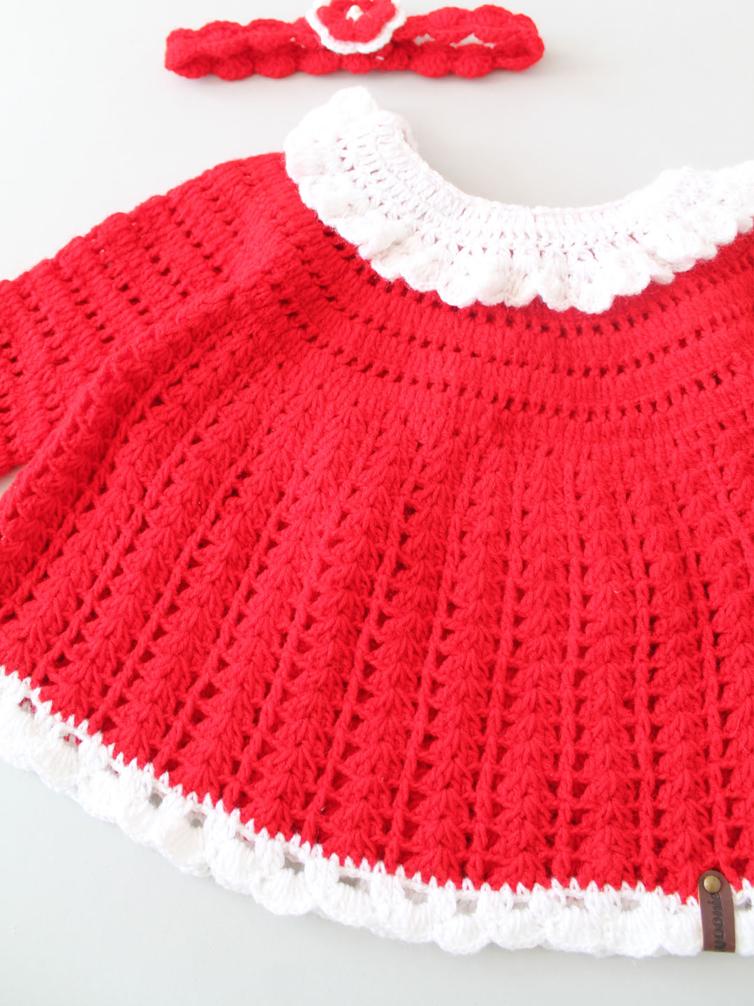 Crochet Full Sleeves Christmas Frock with Hairband - Red