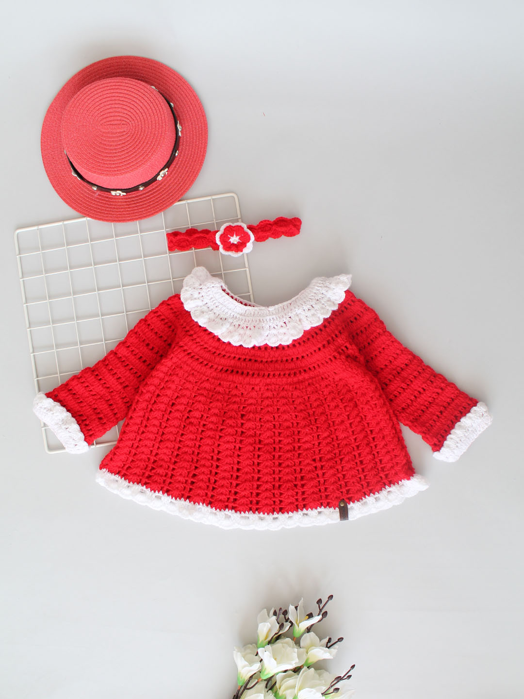 Crochet Full Sleeves Christmas Frock with Hairband - Red
