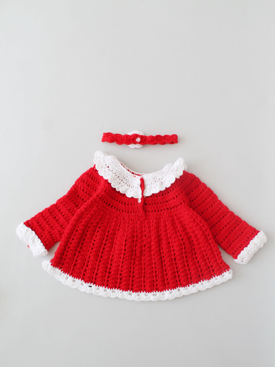 Crochet Full Sleeves Christmas Frock with Hairband - Red